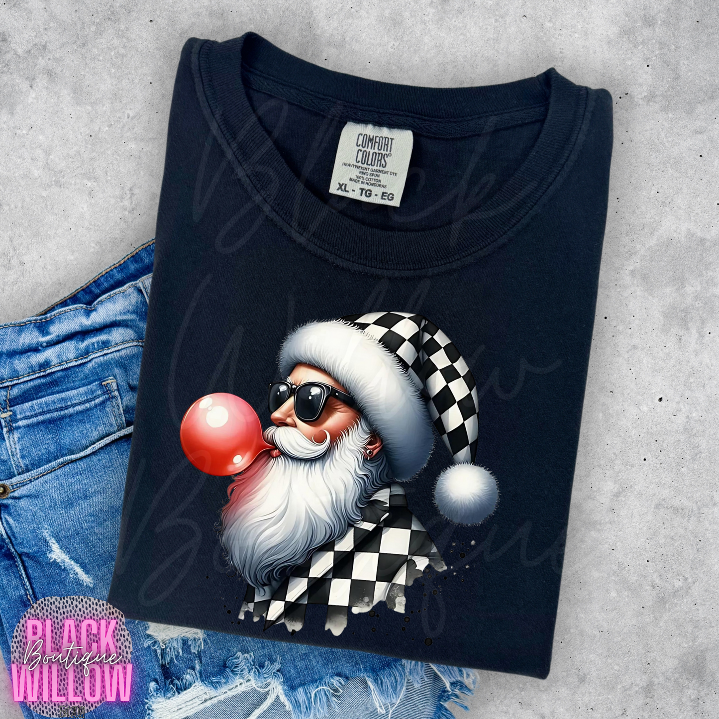 Checkered Print Bubblegum Santa Tee Or Sweatshirt