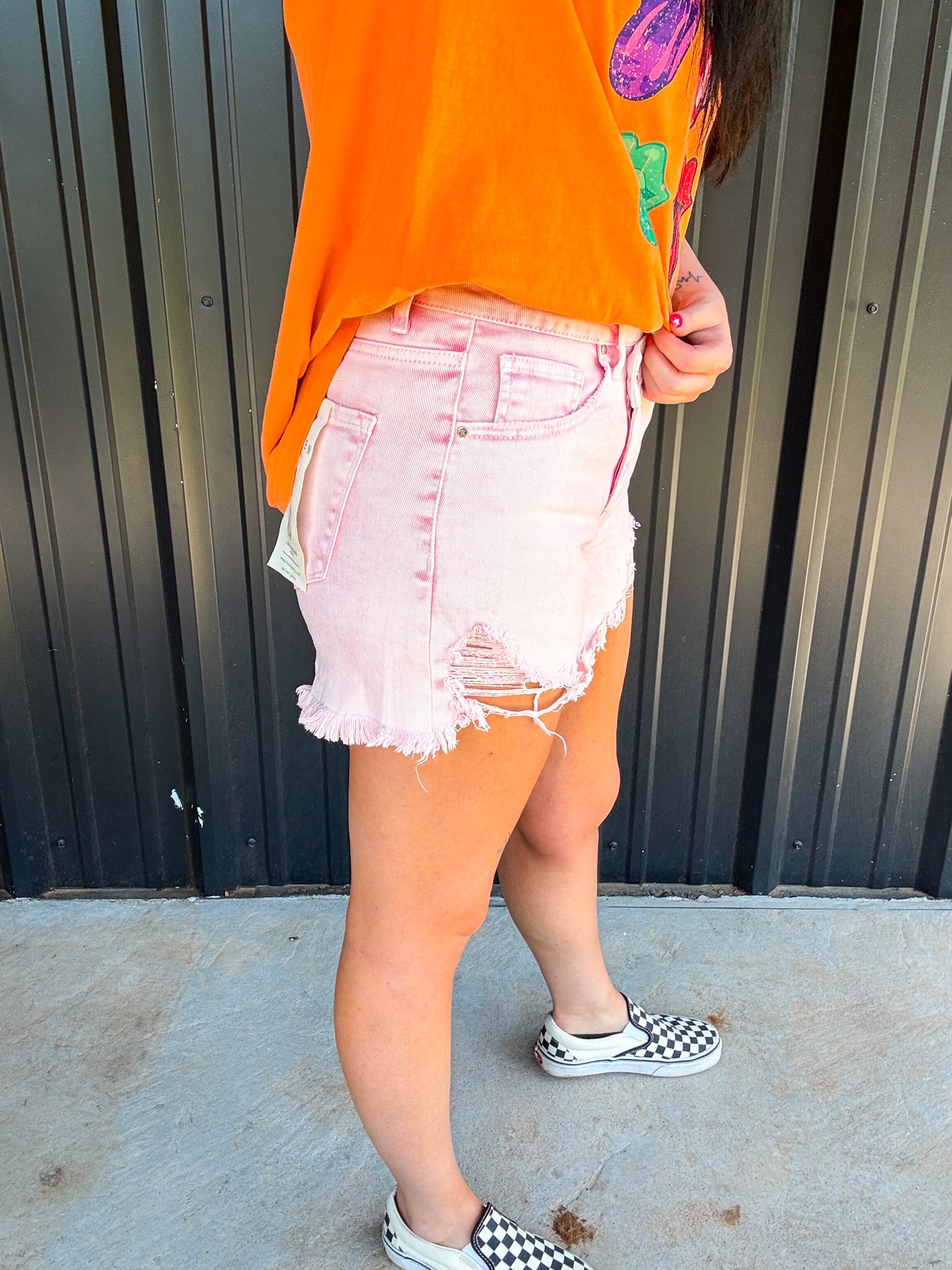 The Isabella Pink Acid Washed Risen Denim Shorts