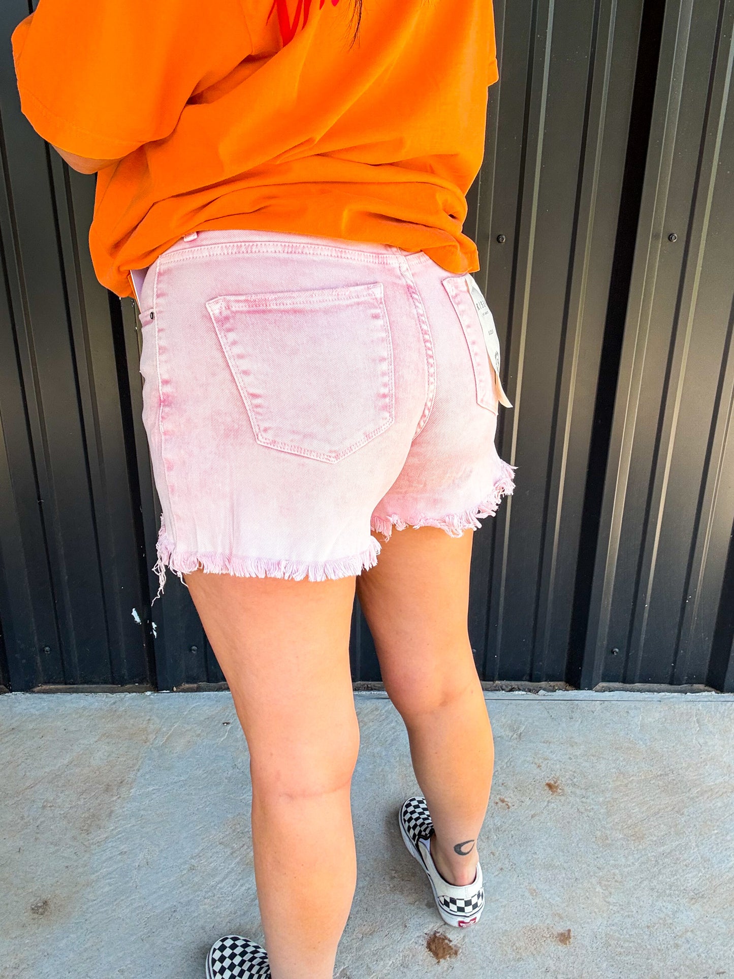 The Isabella Pink Acid Washed Risen Denim Shorts