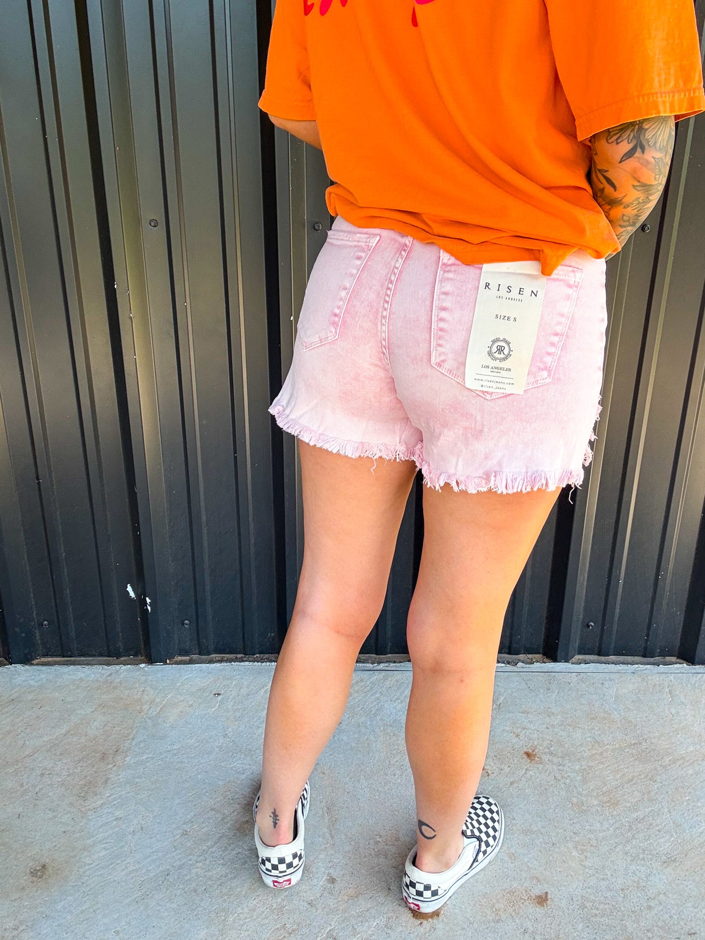 The Isabella Pink Acid Washed Risen Denim Shorts