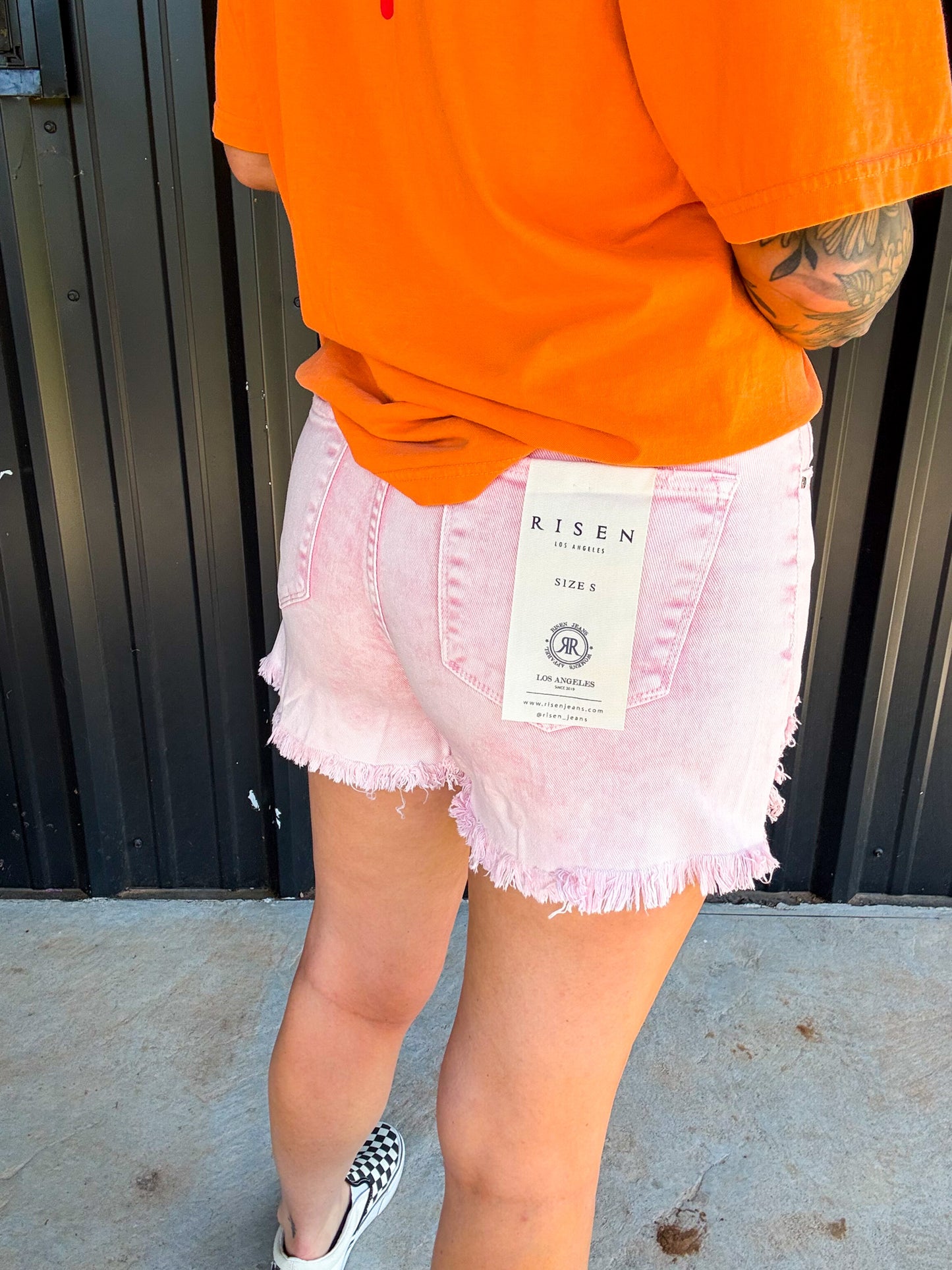 The Isabella Pink Acid Washed Risen Denim Shorts