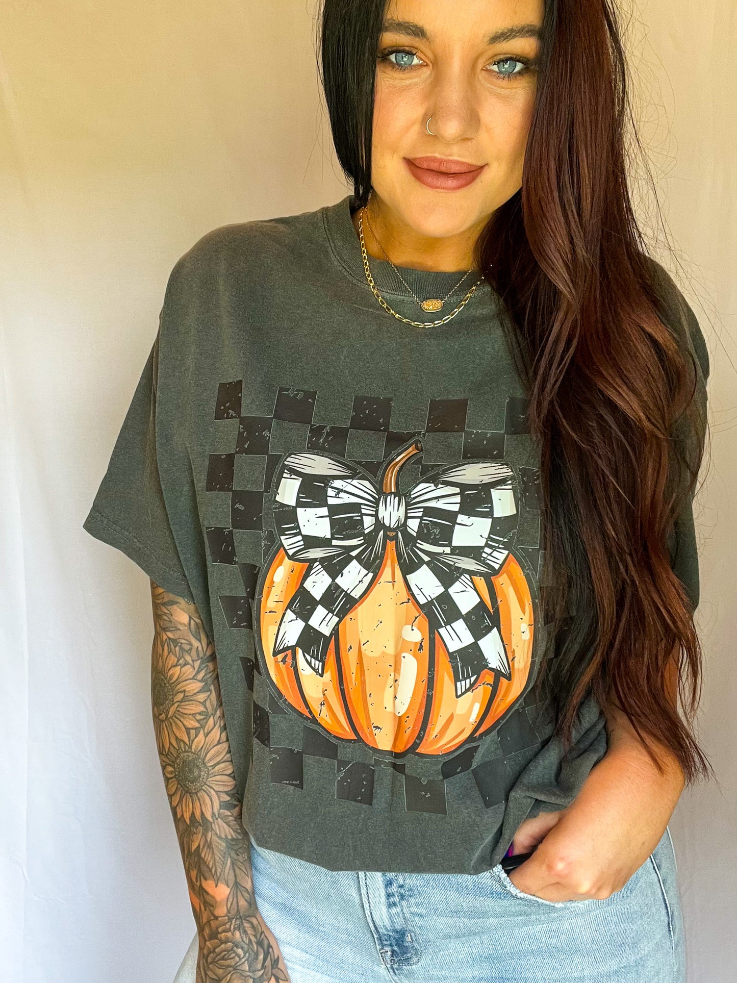 Coquette Bow Checkered Pumpkin Tee Or Sweatshirt