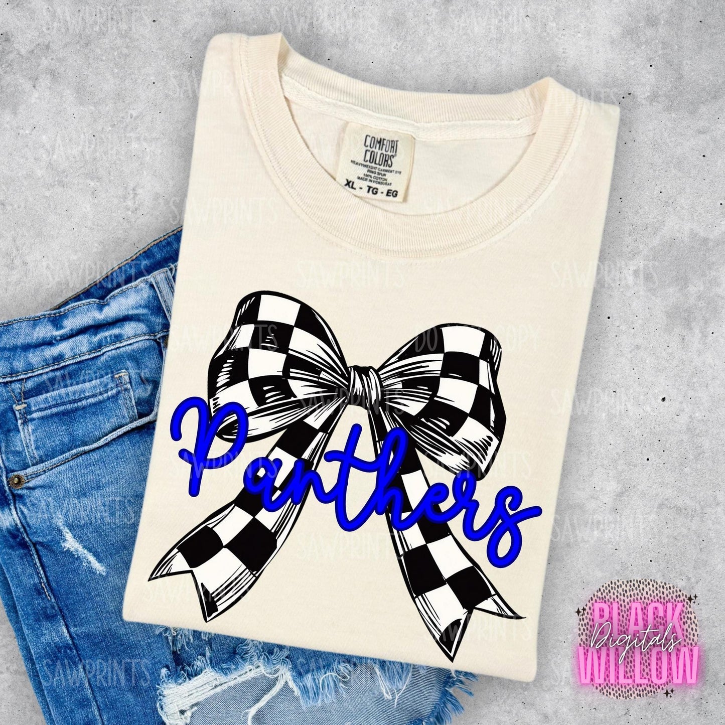 Blue Panthers Checkered Coquette Bow Mascot | PNG Digital Download | School Spirit | Trendy Designs | Blue Mascot