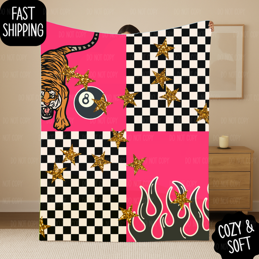 Checkered Tiger Alternative Grunge Velveteen Plush Blanket | Cozy Throw