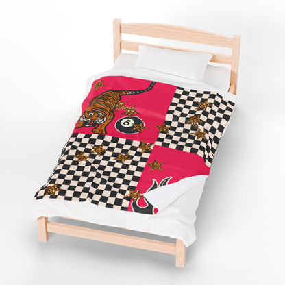 Checkered Tiger Alternative Grunge Velveteen Plush Blanket | Cozy Throw