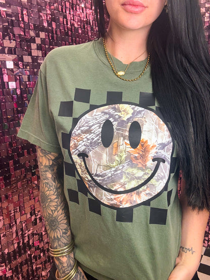 Grunge Camo Smiley Tee Or Sweatshirt