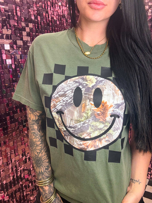 Grunge Camo Smiley Tee Or Sweatshirt