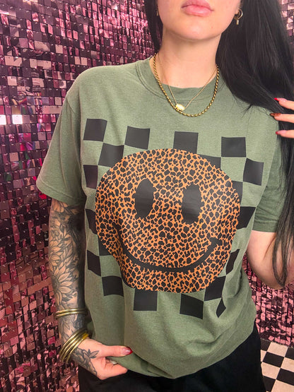 Leopard Grunge Smiley Tee Or Sweatshirt