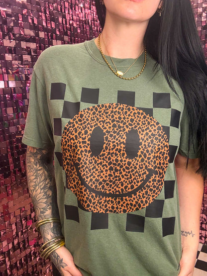 Leopard Grunge Smiley Tee Or Sweatshirt