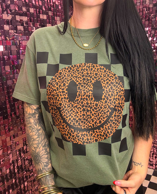 Leopard Grunge Smiley Tee Or Sweatshirt