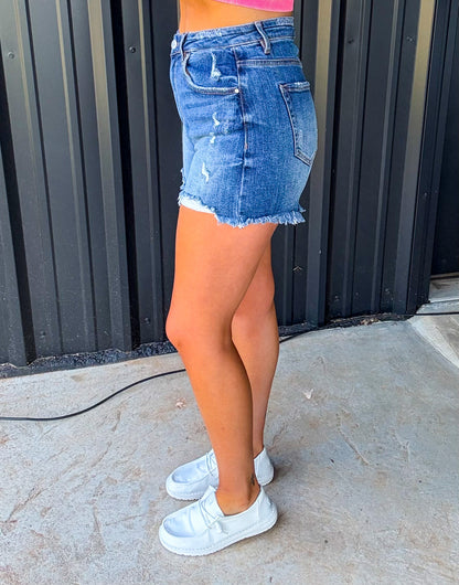 The Bailey Risen High Rise Distressed Denim Shorts