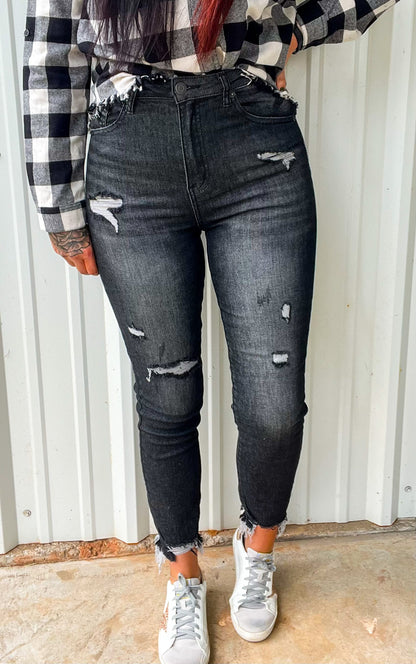 Risen High Rise Relaxed Fit Distressed Skinny Jeans