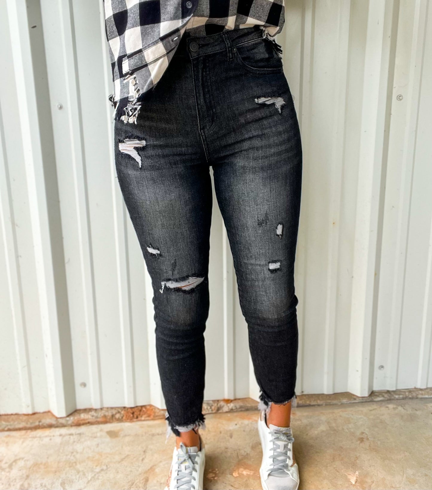 Risen High Rise Relaxed Fit Distressed Skinny Jeans