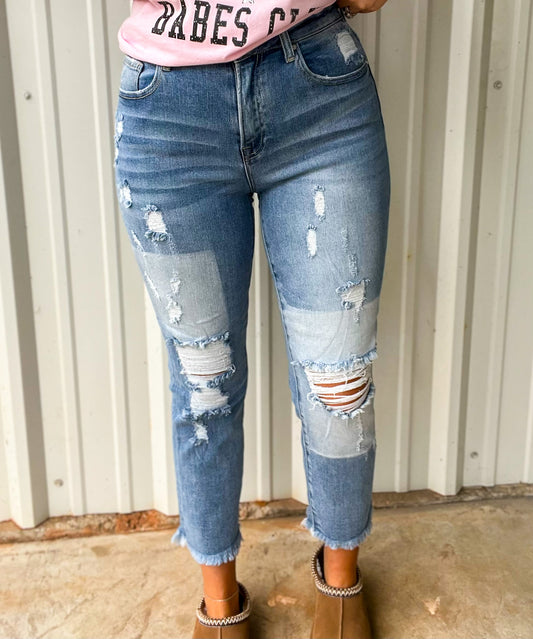 Risen High Waisted Distressed Two Tone Straight Jeans