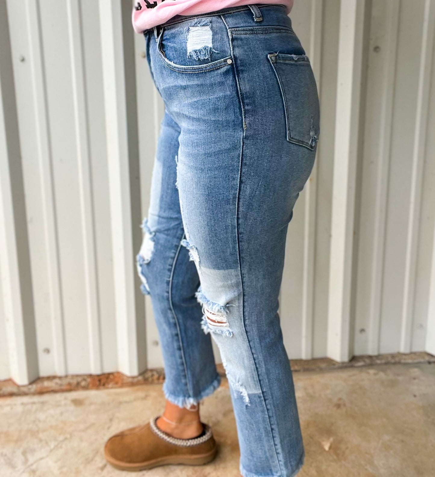 Risen High Waisted Distressed Two Tone Straight Jeans