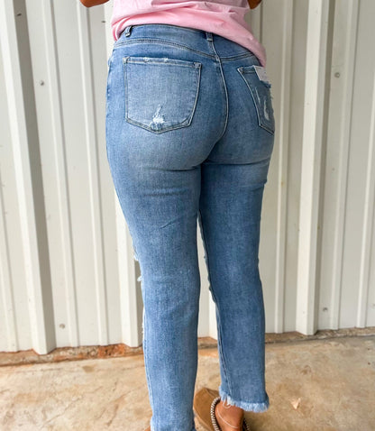 Risen High Waisted Distressed Two Tone Straight Jeans