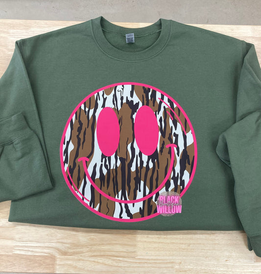 Pink Camo Smiley Tee Or Sweatshirt