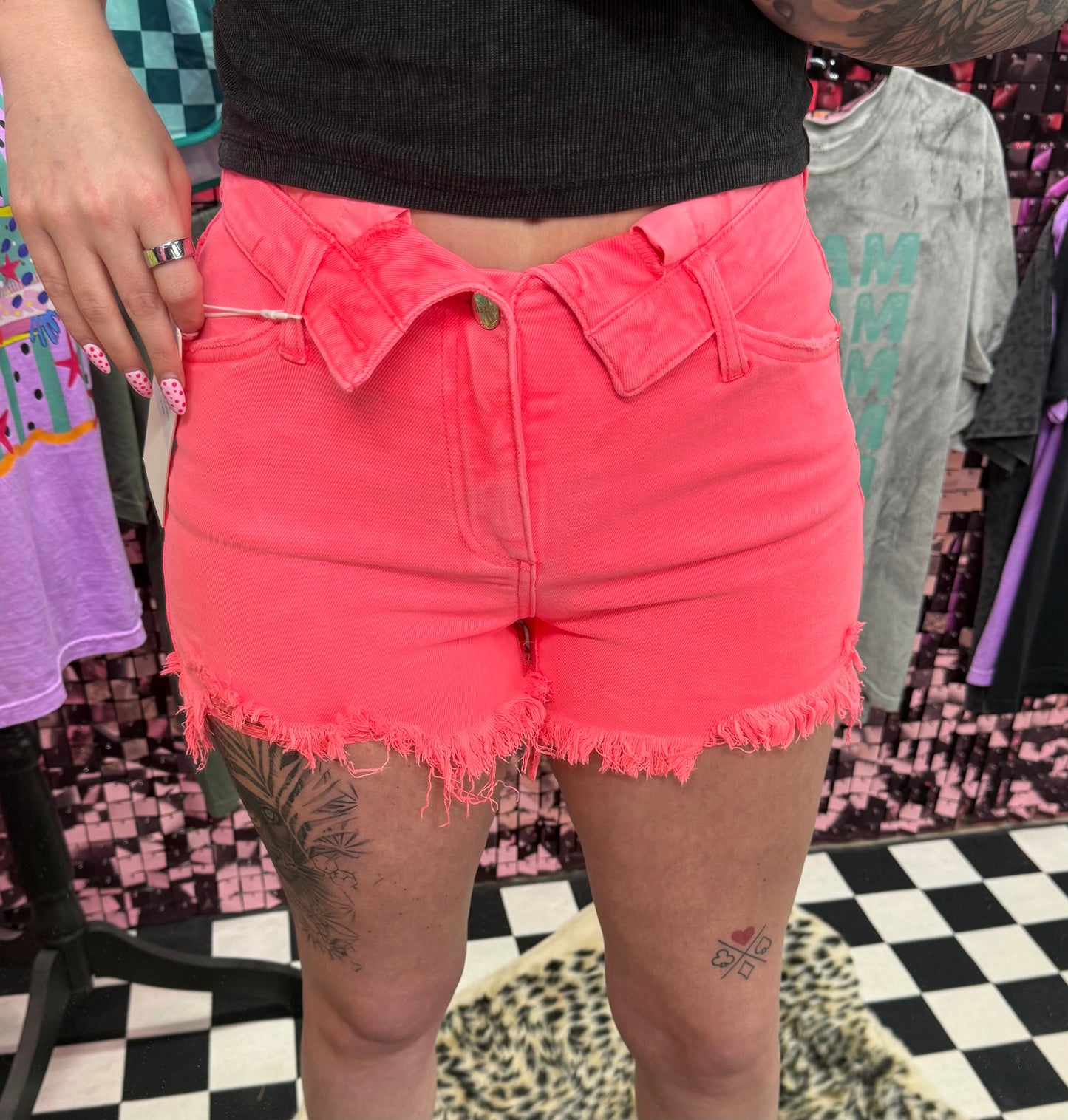 The Cora High Rise Folded Distressed Denim Shorts