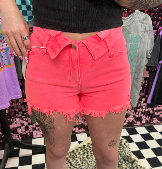 The Cora High Rise Folded Distressed Denim Shorts