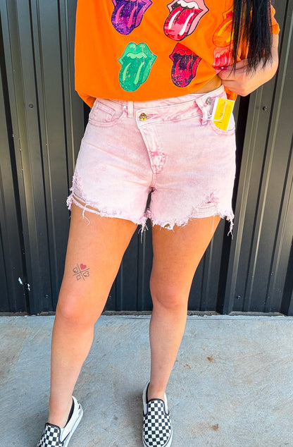 The Isabella Pink Acid Washed Risen Denim Shorts