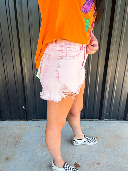 The Isabella Pink Acid Washed Risen Denim Shorts