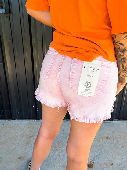 The Isabella Pink Acid Washed Risen Denim Shorts