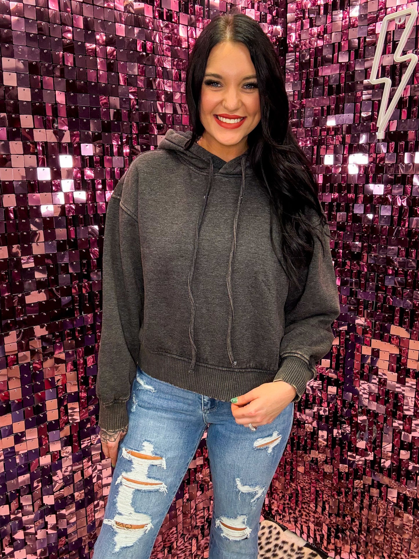 The Sophia Acid Washed Fleece Cropped Hoodie