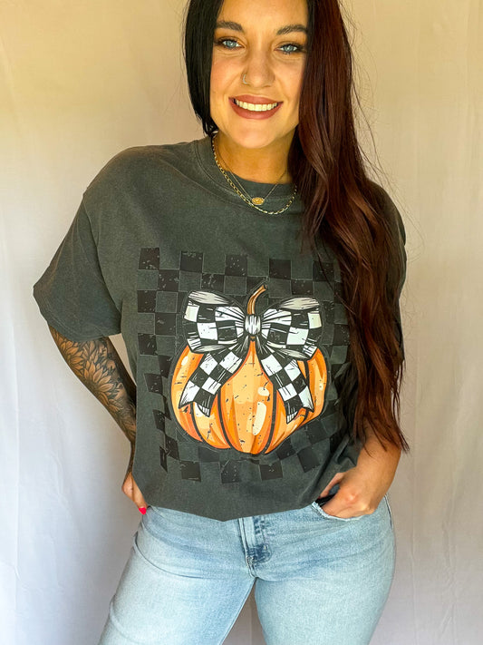 Coquette Bow Checkered Pumpkin Tee Or Sweatshirt