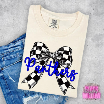 Blue Panthers Checkered Coquette Bow Mascot | PNG Digital Download | School Spirit | Trendy Designs | Blue Mascot
